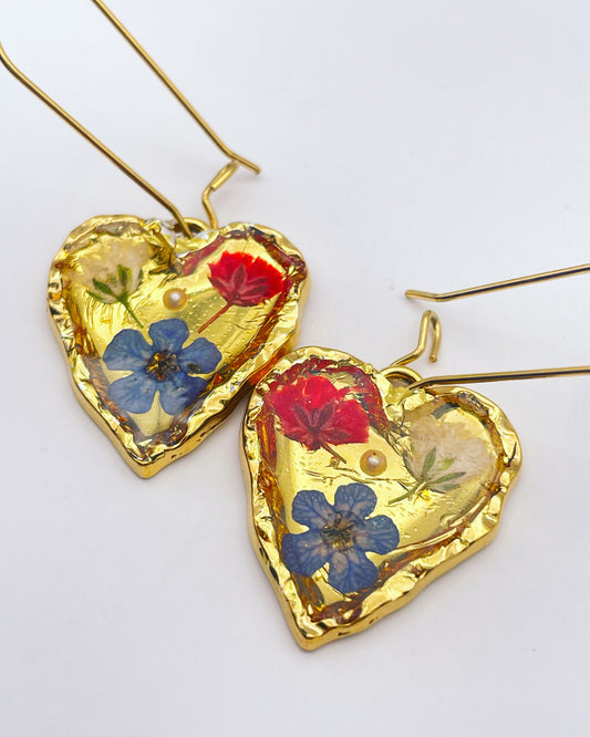 Gold heart earrings with red poppies and blue flowers