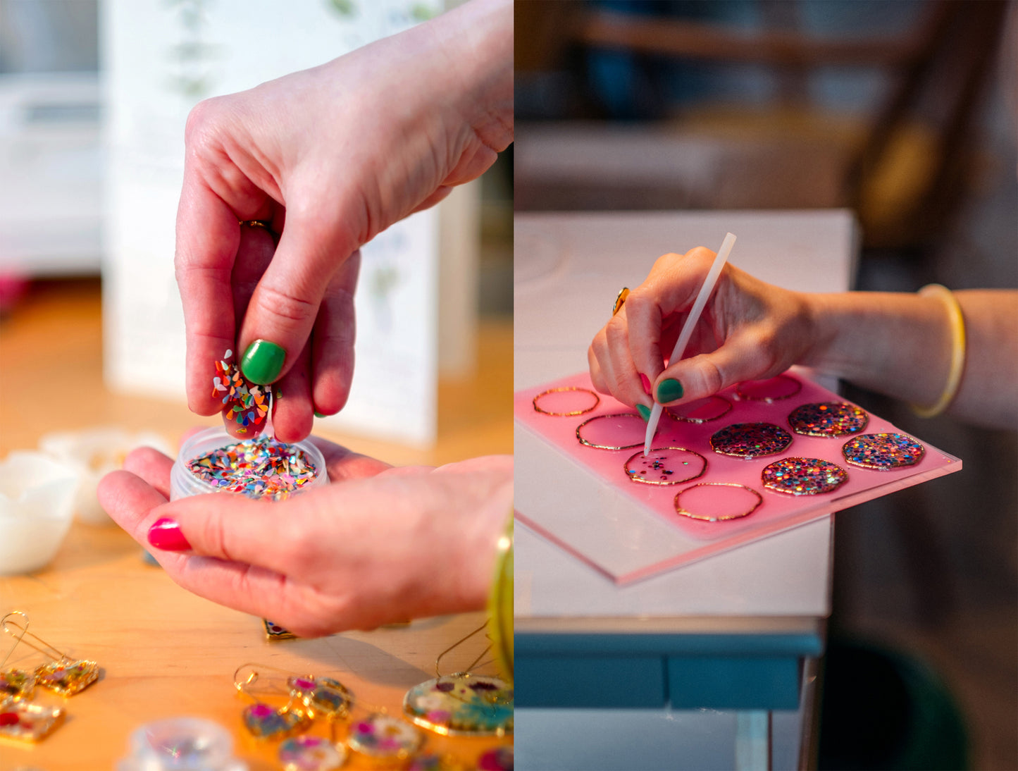 Small disco earrings with holographic silver sparkles