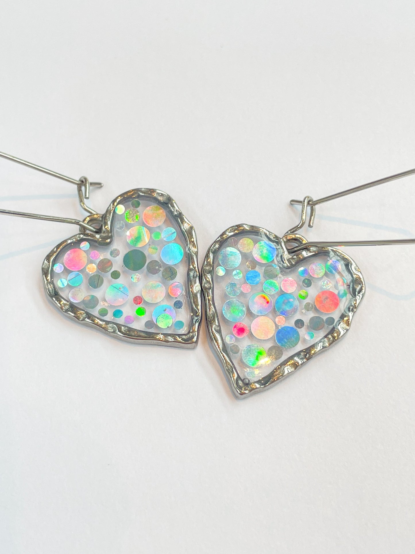 Disco heart earrings with  holographic silver sparkles