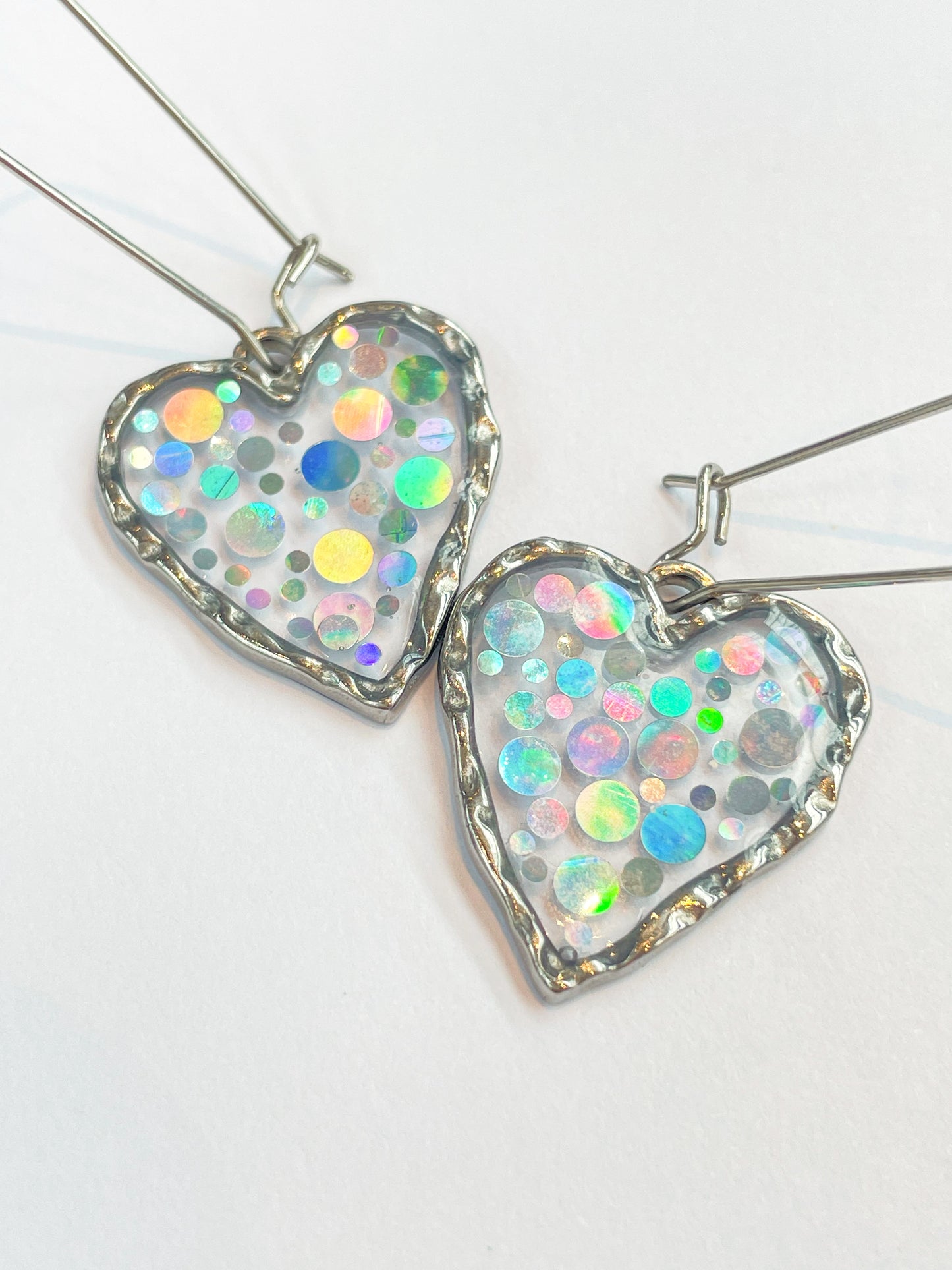 Disco heart earrings with  holographic silver sparkles