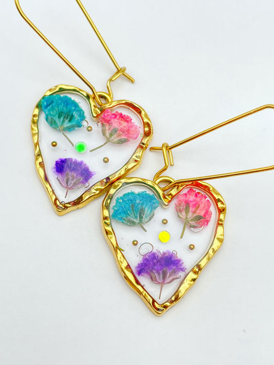 Heart earrings with colourful gypsophila flowers