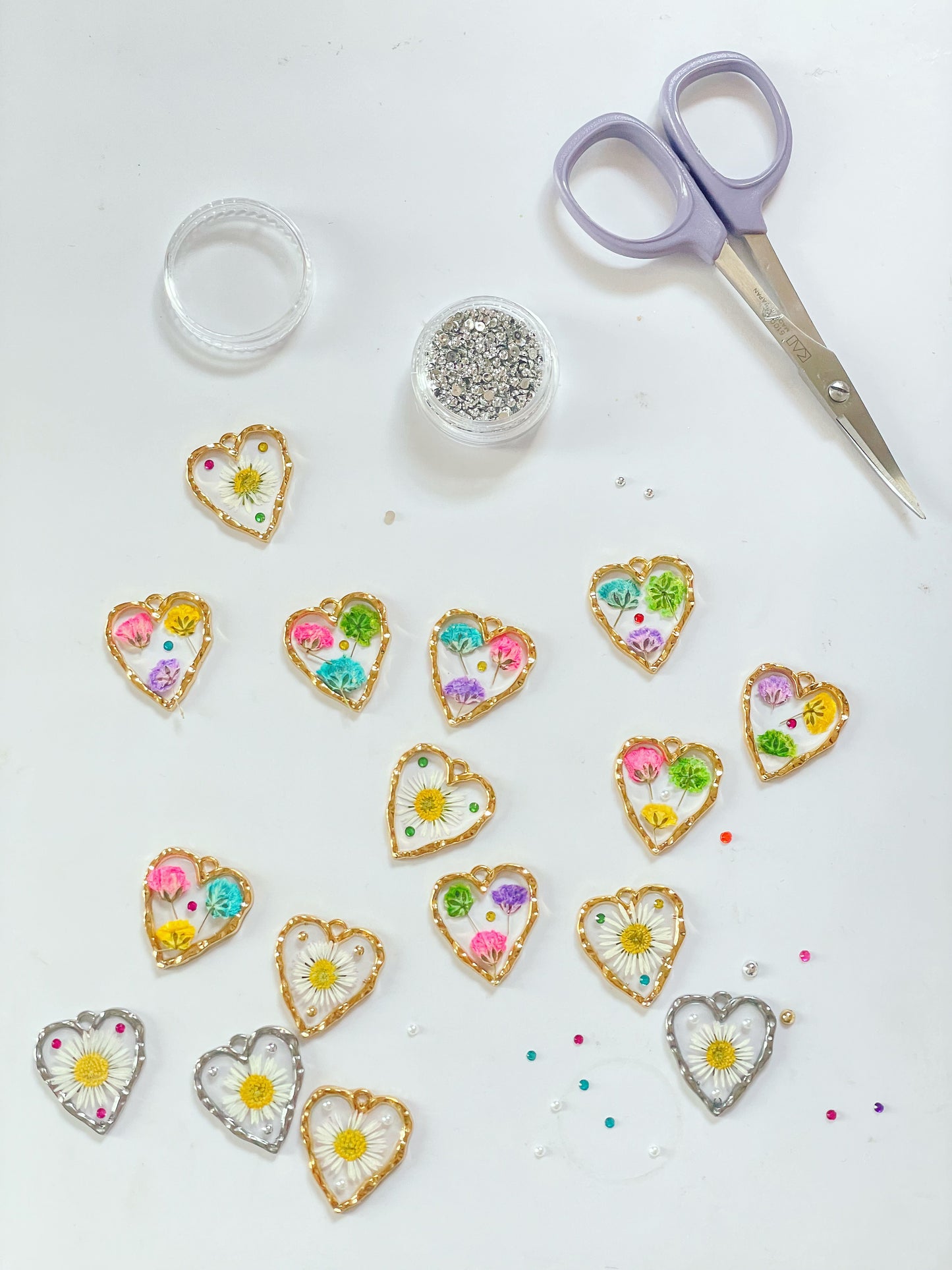 Heart earrings with colourful gypsophila flowers