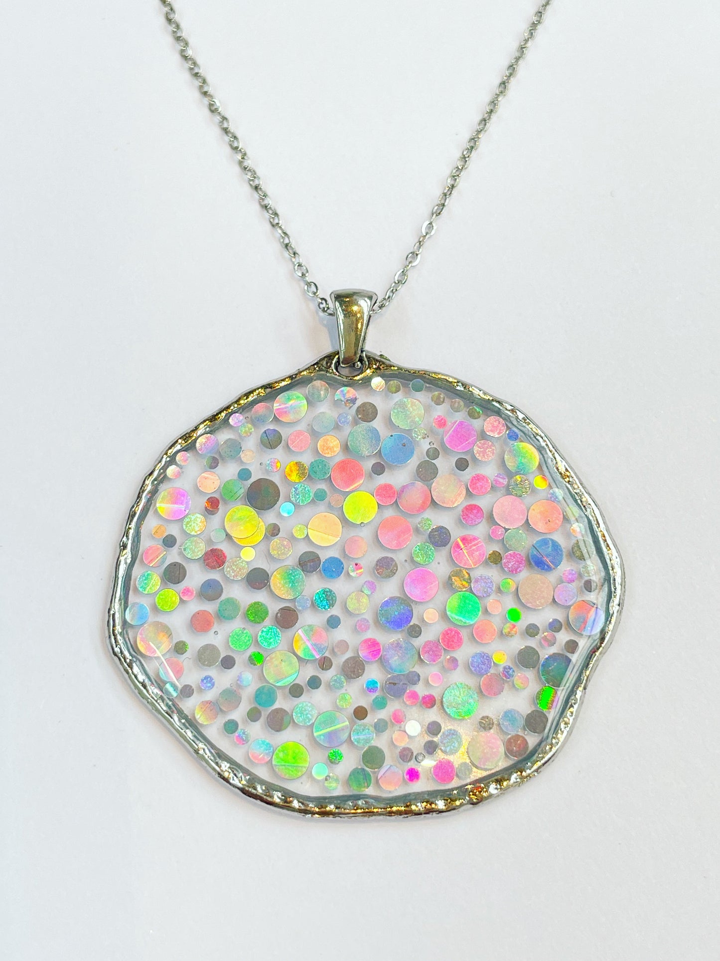 Large disco necklace with holographic silver sparkles