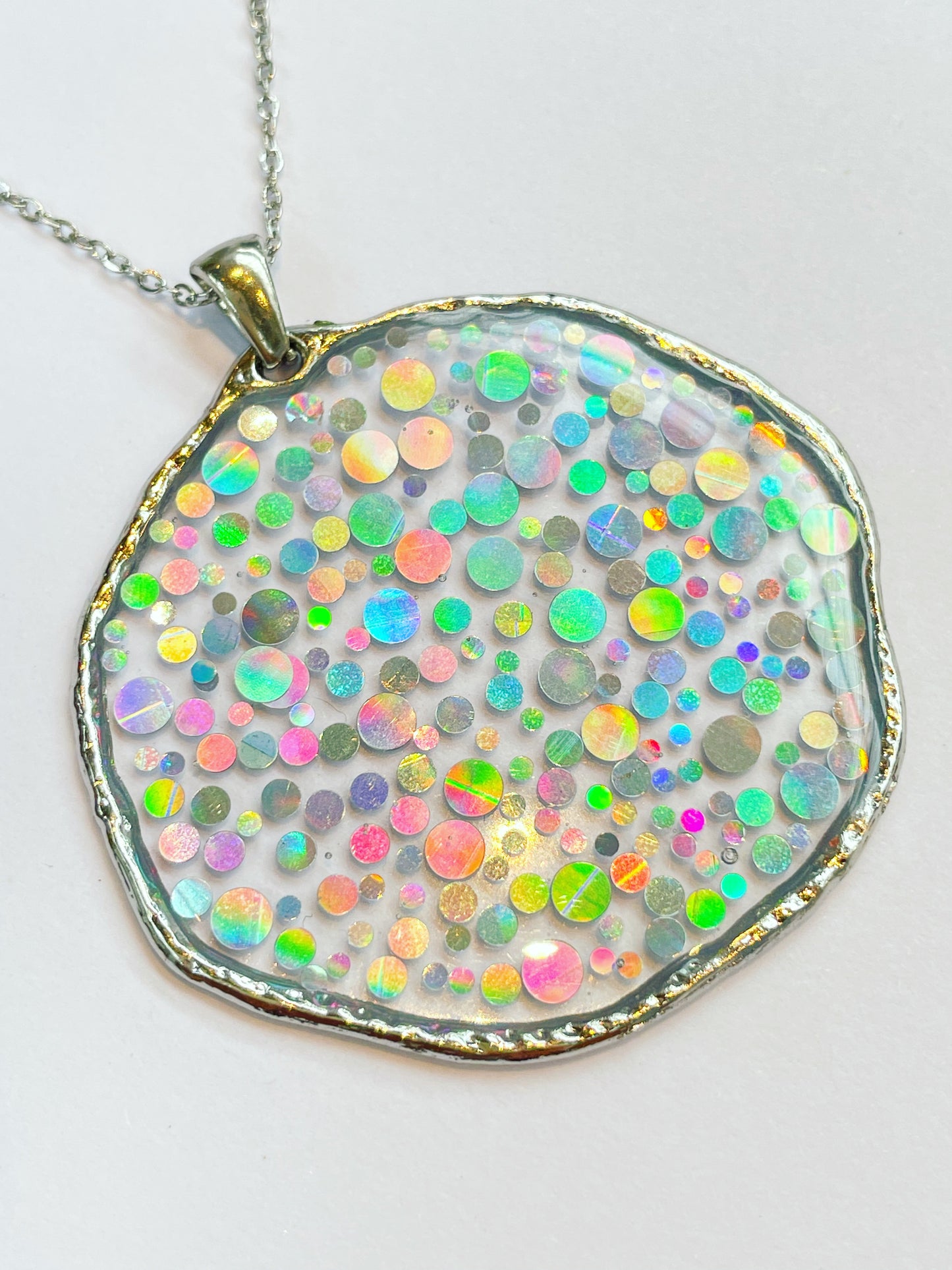 Large disco necklace with holographic silver sparkles