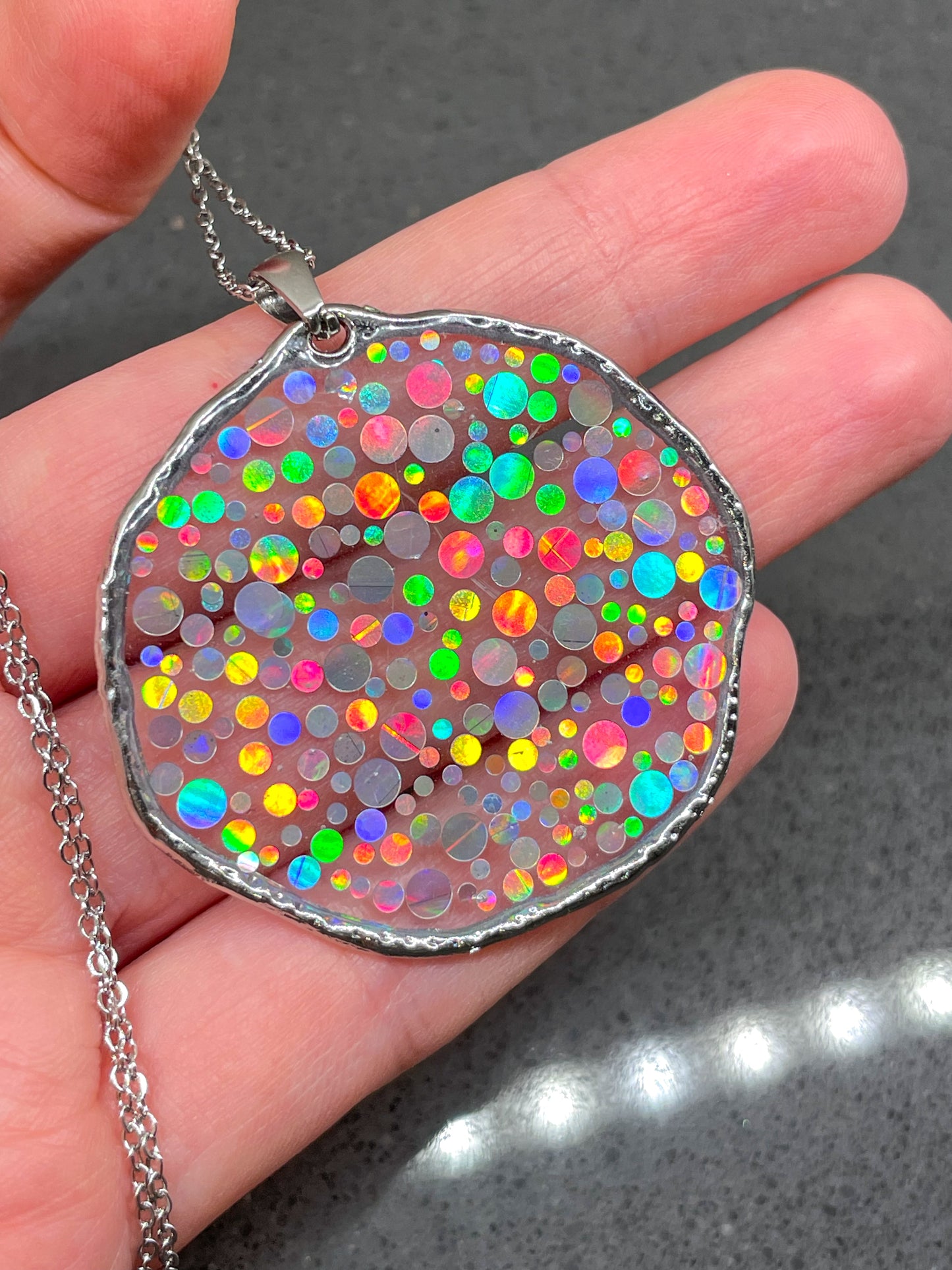 Large disco necklace with holographic silver sparkles