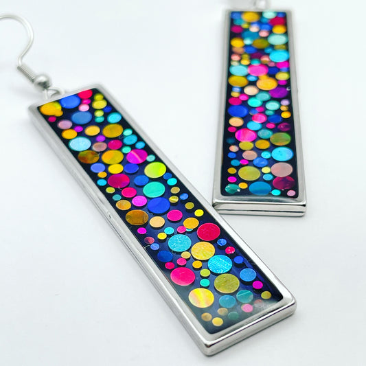 Long disco earrings with colourful sparkles in black lacquer