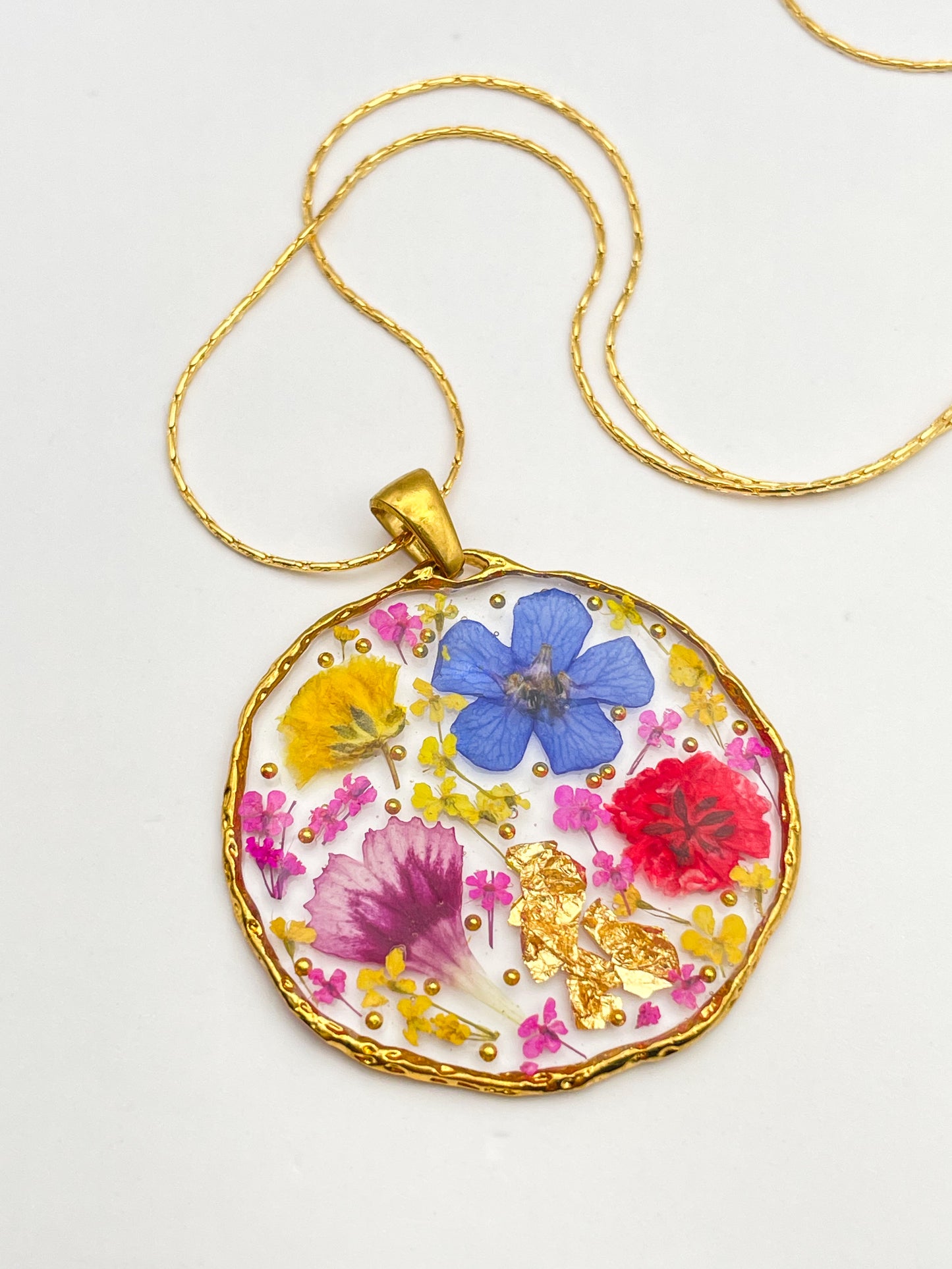 Medium pendant necklace with red poppies and colourful flowers