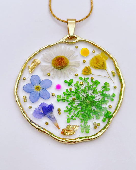 Medium pendant necklace with red poppies and colourful flowers