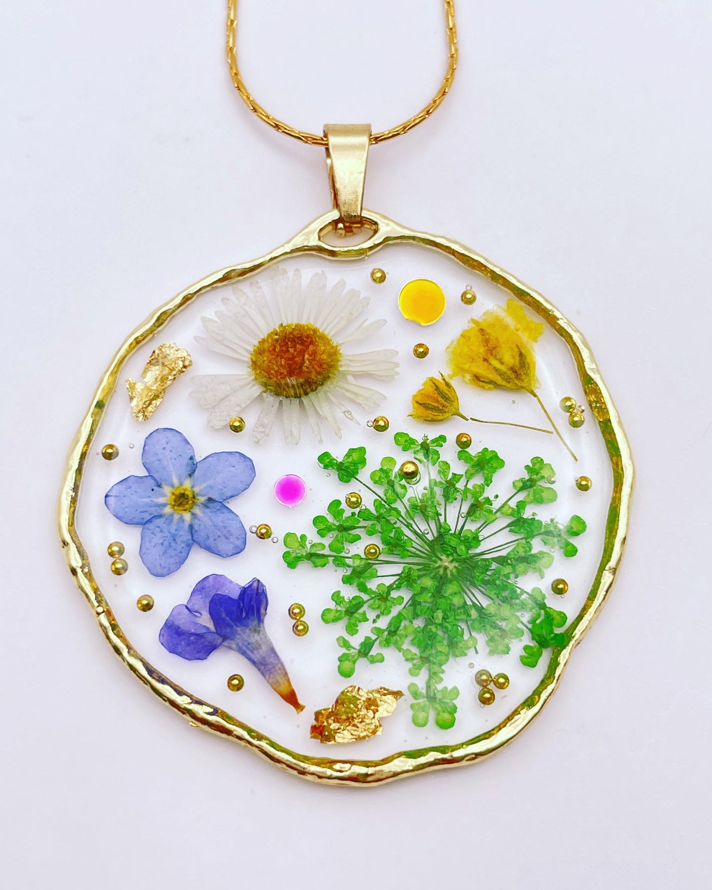 Medium pendant necklace with red poppies and colourful flowers