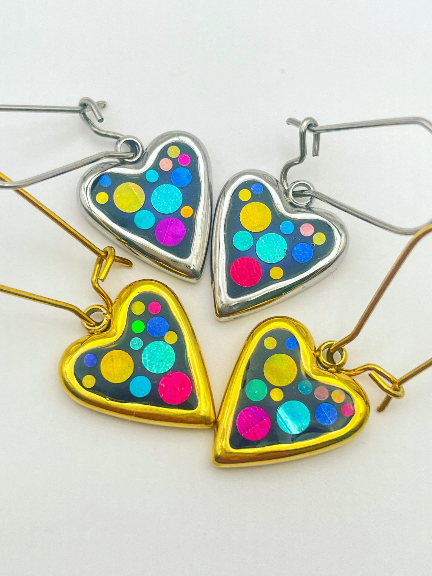 Mini Disco Heart Earrings Handmade With Colourful Sparkles
