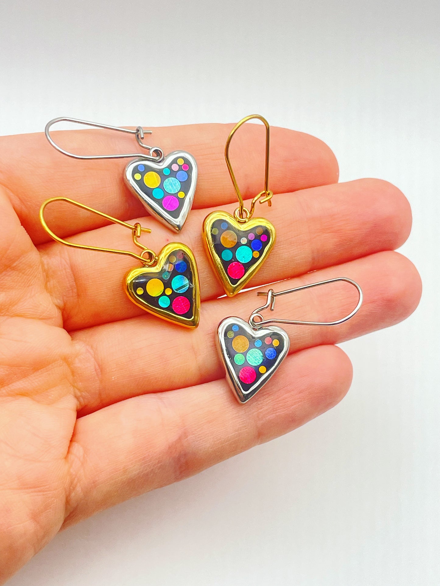 Mini Disco Heart Earrings Handmade With Colourful Sparkles