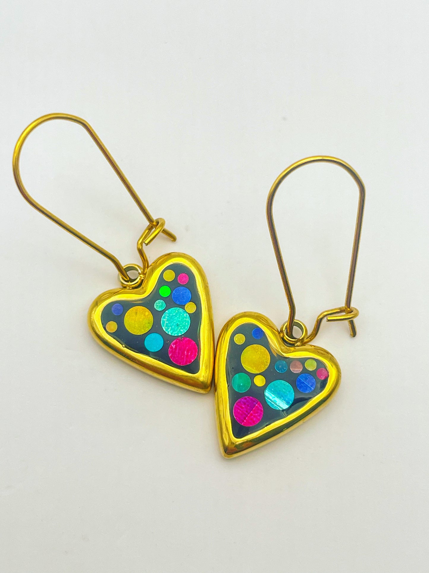 Mini Disco Heart Earrings Handmade With Colourful Sparkles
