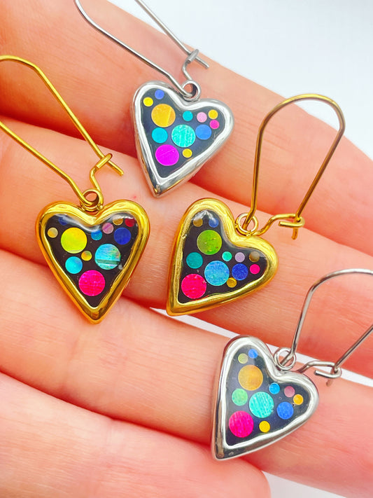 Mini Disco Heart Earrings Handmade With Colourful Sparkles