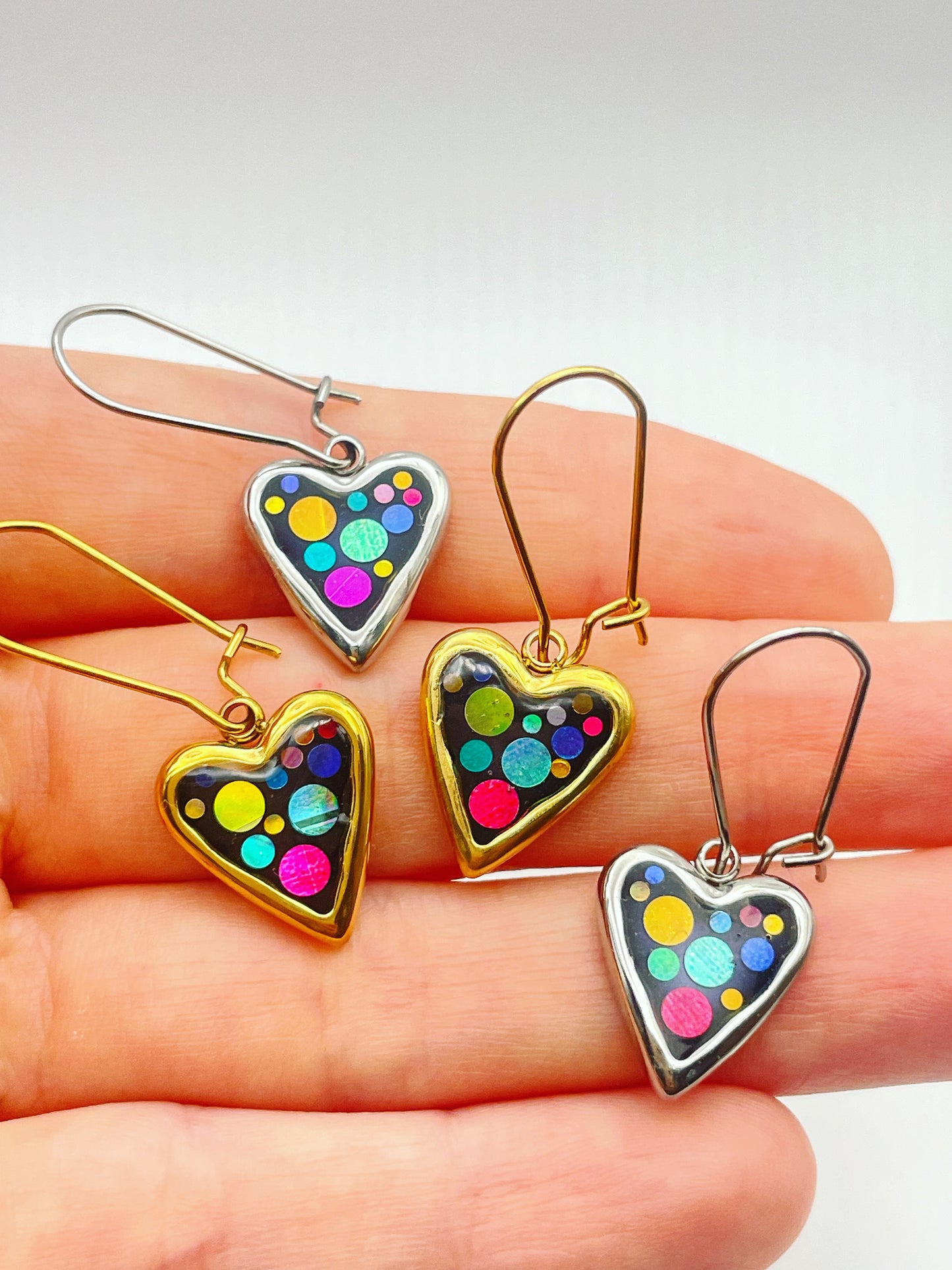 Mini Disco Heart Earrings Handmade With Colourful Sparkles