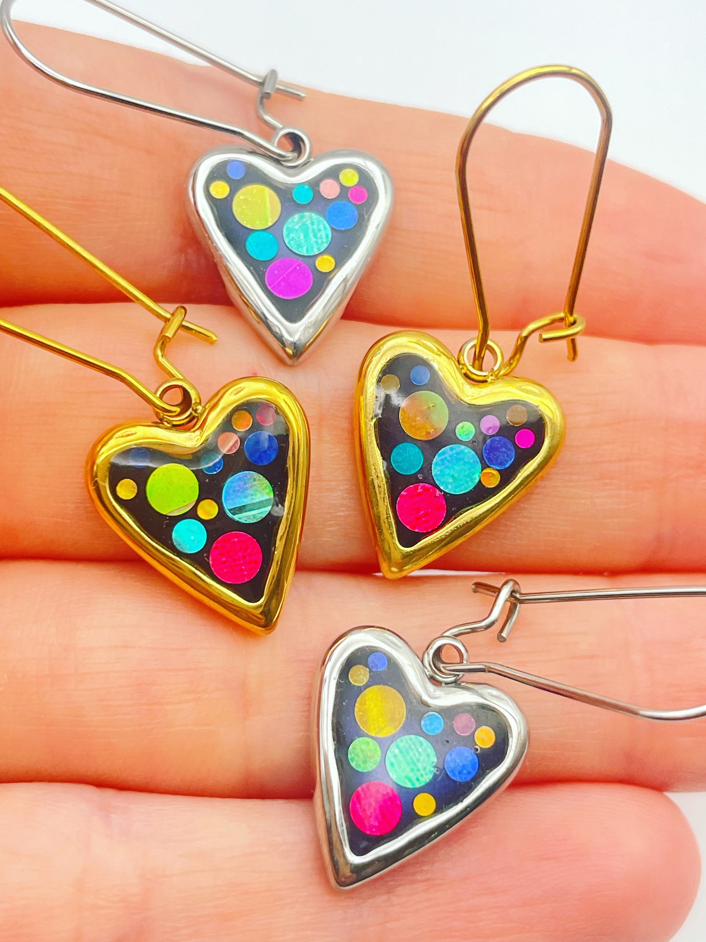 Mini Disco Heart Earrings Handmade With Colourful Sparkles