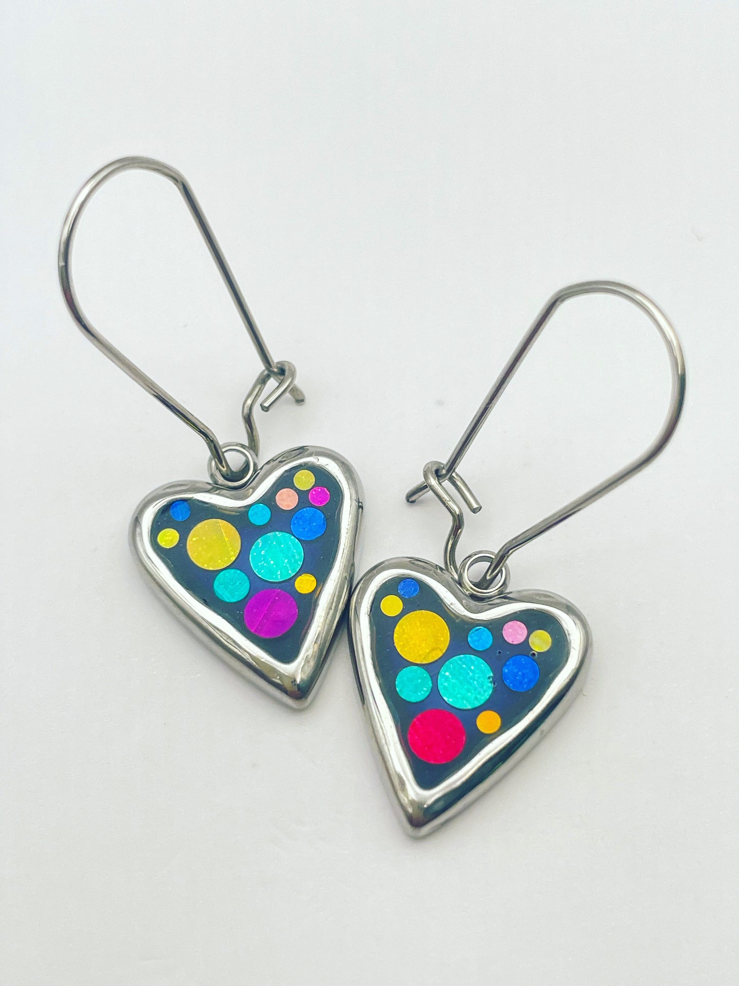 Mini Disco Heart Earrings Handmade With Colourful Sparkles