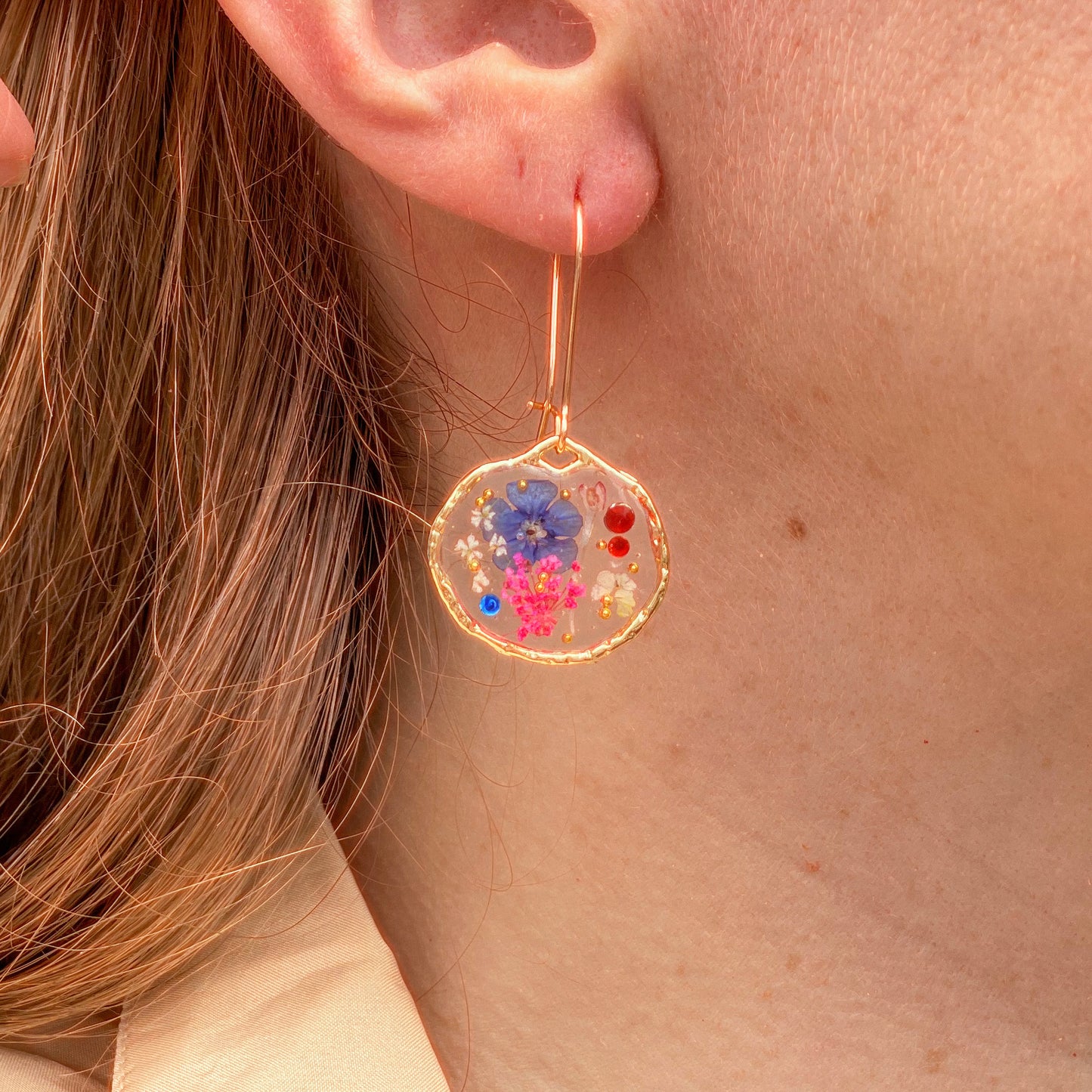 Dangle earrings with red poppies and blue flowers