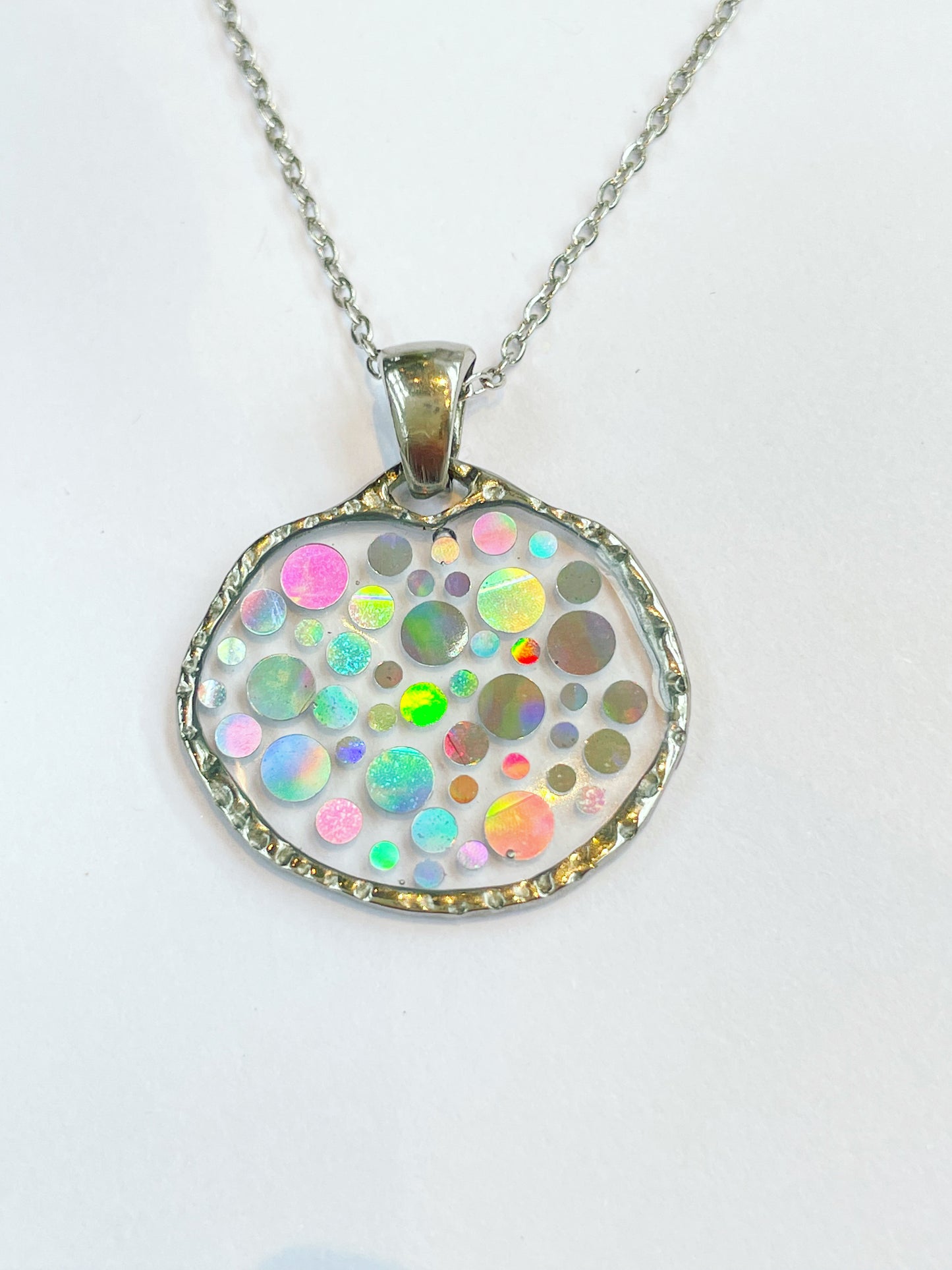 Small disco pendant necklace with  holographic silver sparkles