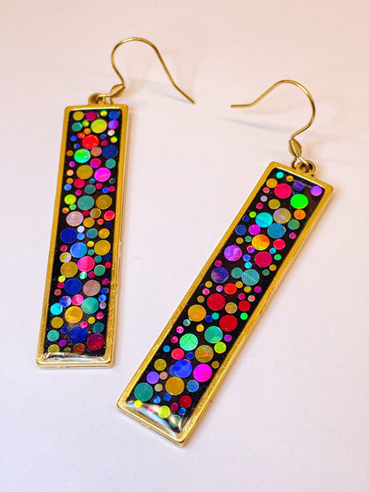 Long disco earrings with colourful sparkles in black lacquer