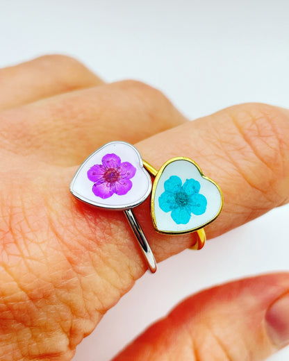Heart ring with forget-me-not in gold or silver 10mm