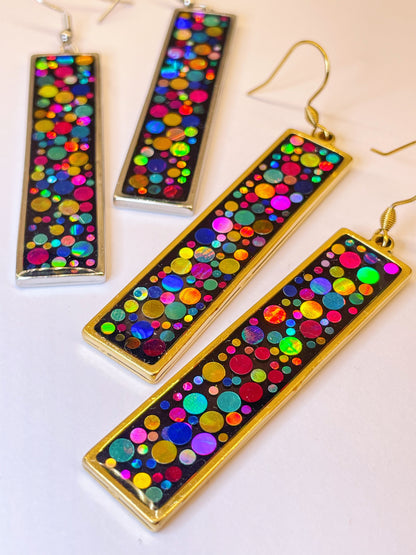 Long disco earrings with colourful sparkles in black lacquer