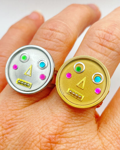 Funny Face Robot Statement Ring: 18k Gold Plated Adjustable Ring