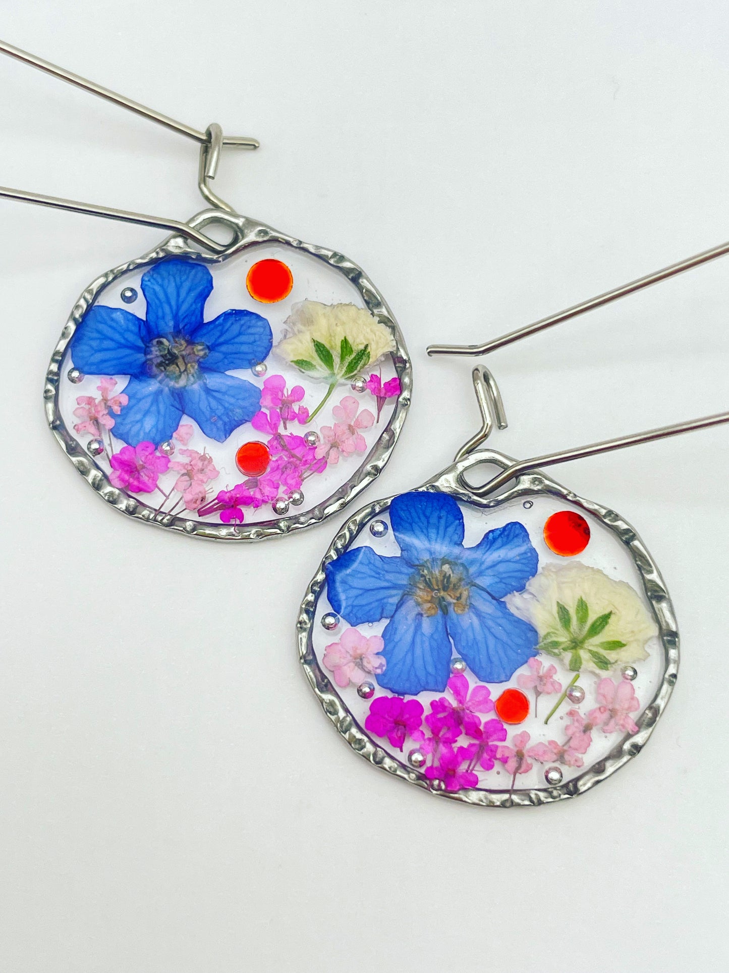 Dangle earrings with blue, white and pink gypsophila flowers