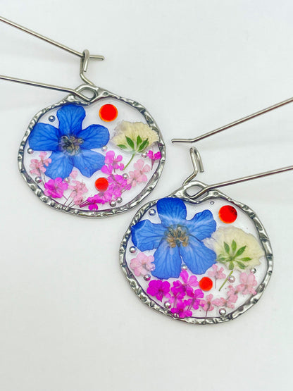 Dangle earrings with blue, white and pink gypsophila flowers
