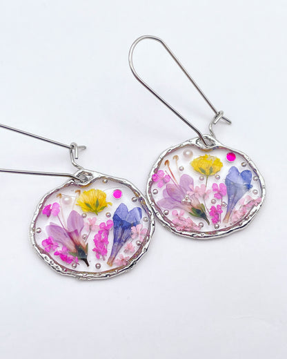 Dangle earrings with real lavender and pink flowers