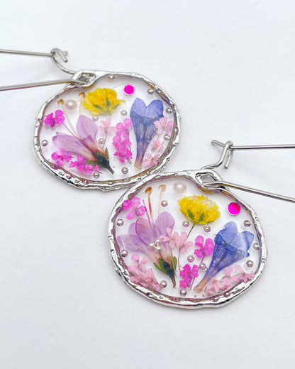 Dangle earrings with real lavender and pink flowers