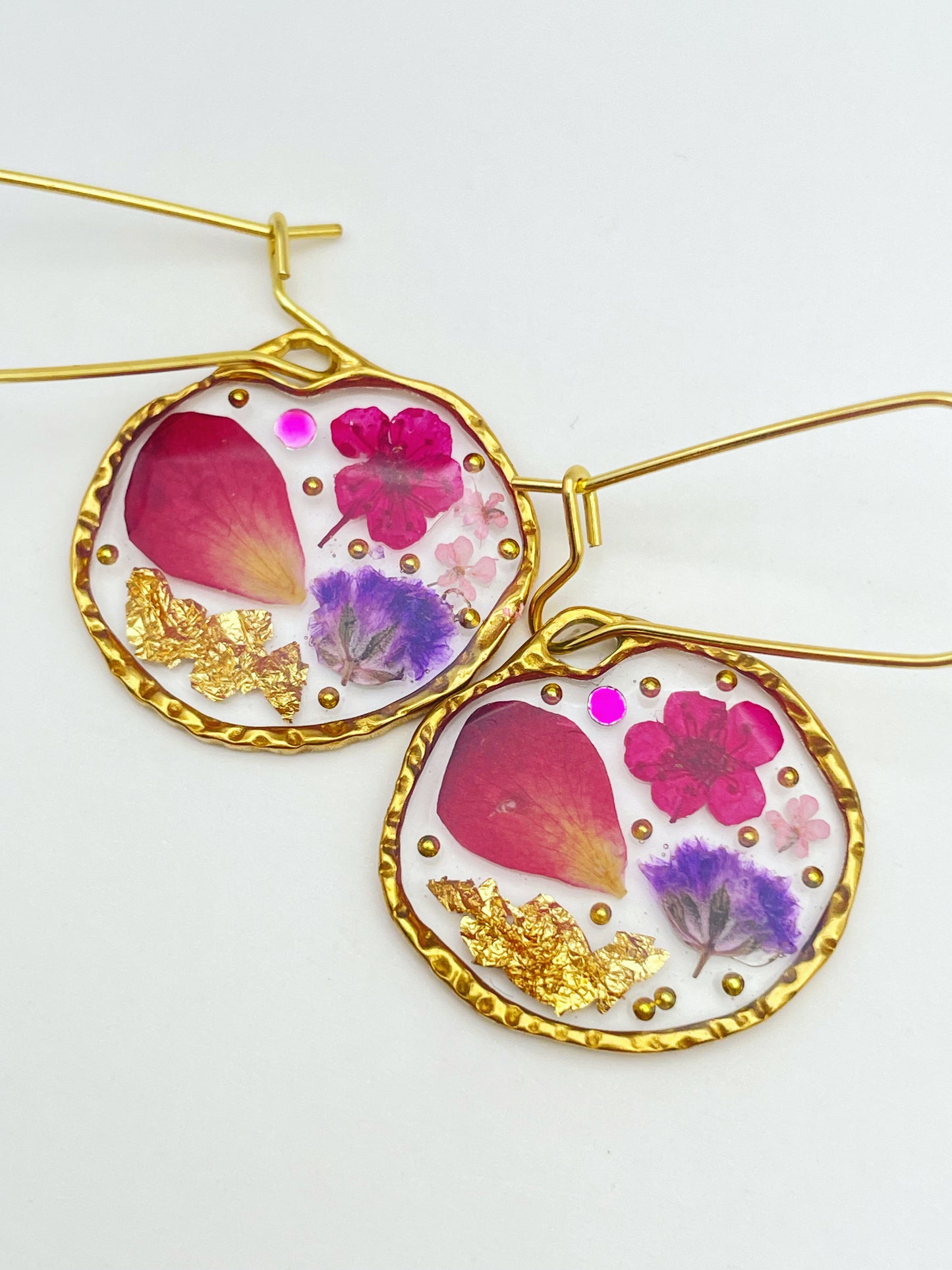 Dangle earrings with rose petals and gold leaf