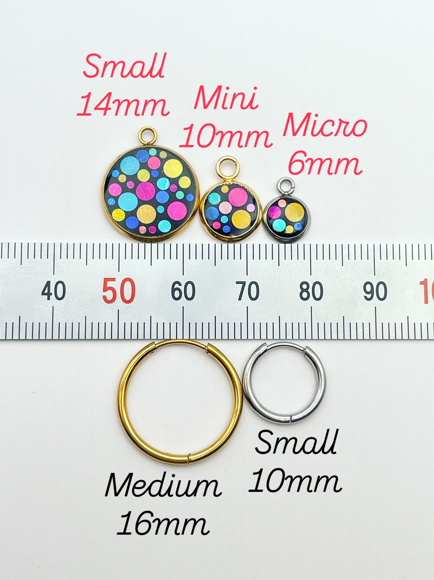 Disco charm hoop earrings in micro, mini or small size
