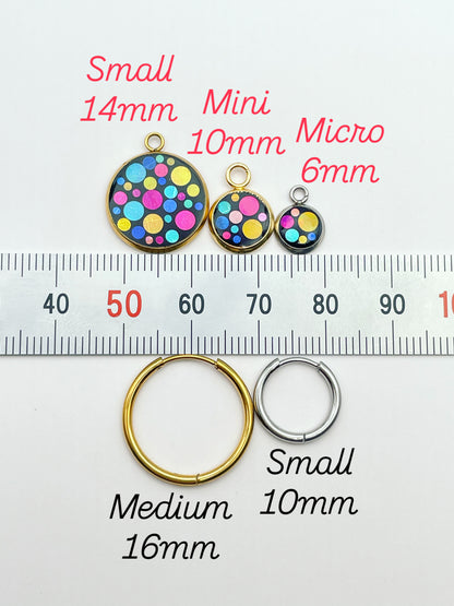 Disco charm hoop earrings in micro, mini or small size