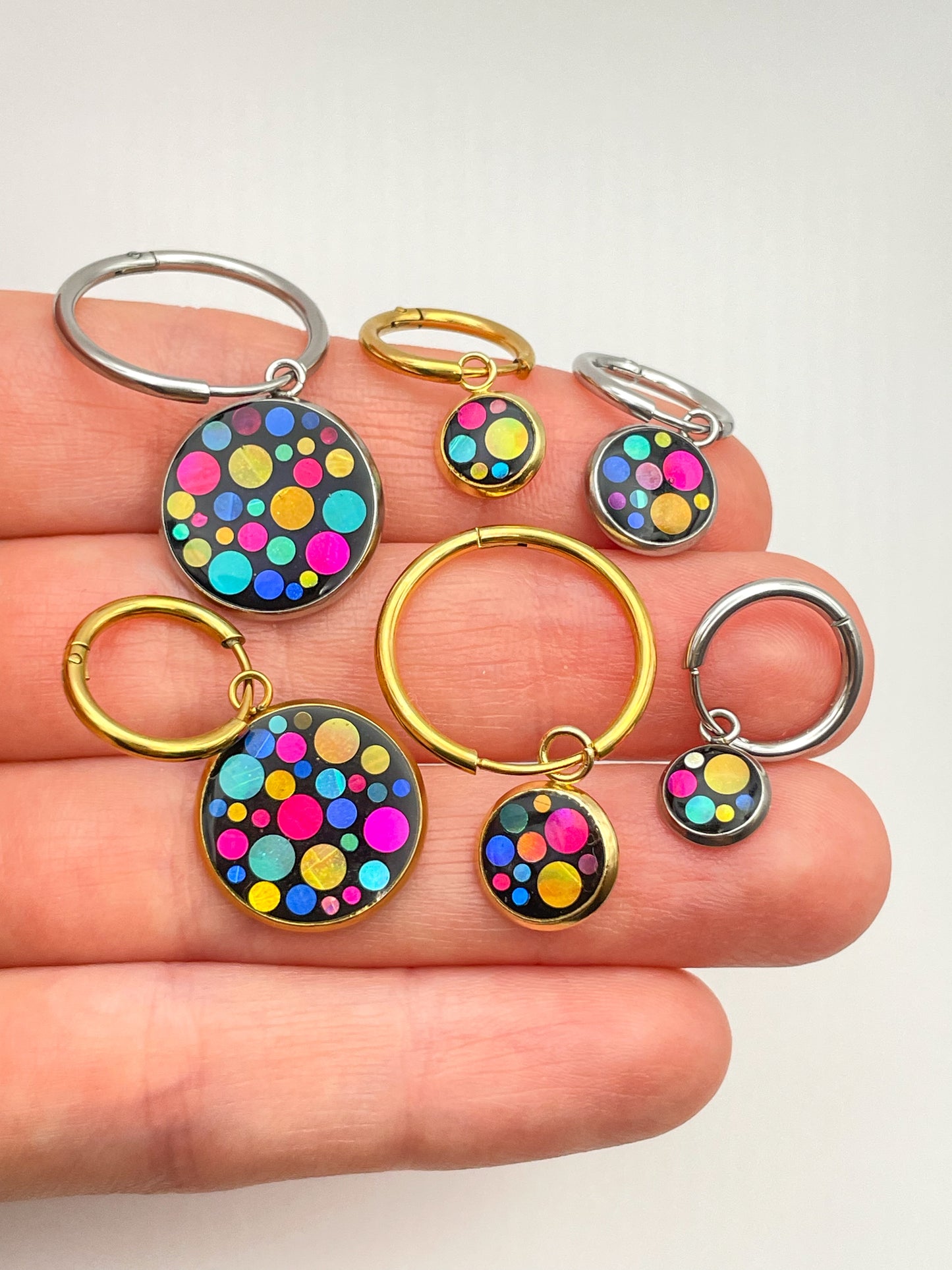 Disco charm hoop earrings in micro, mini or small size