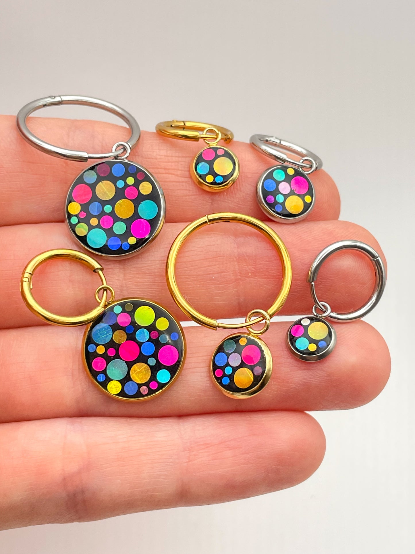 Disco charm hoop earrings in micro, mini or small size