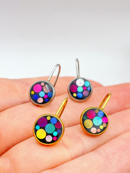 Disco drop earrings with colourful sparkles in black lacquer