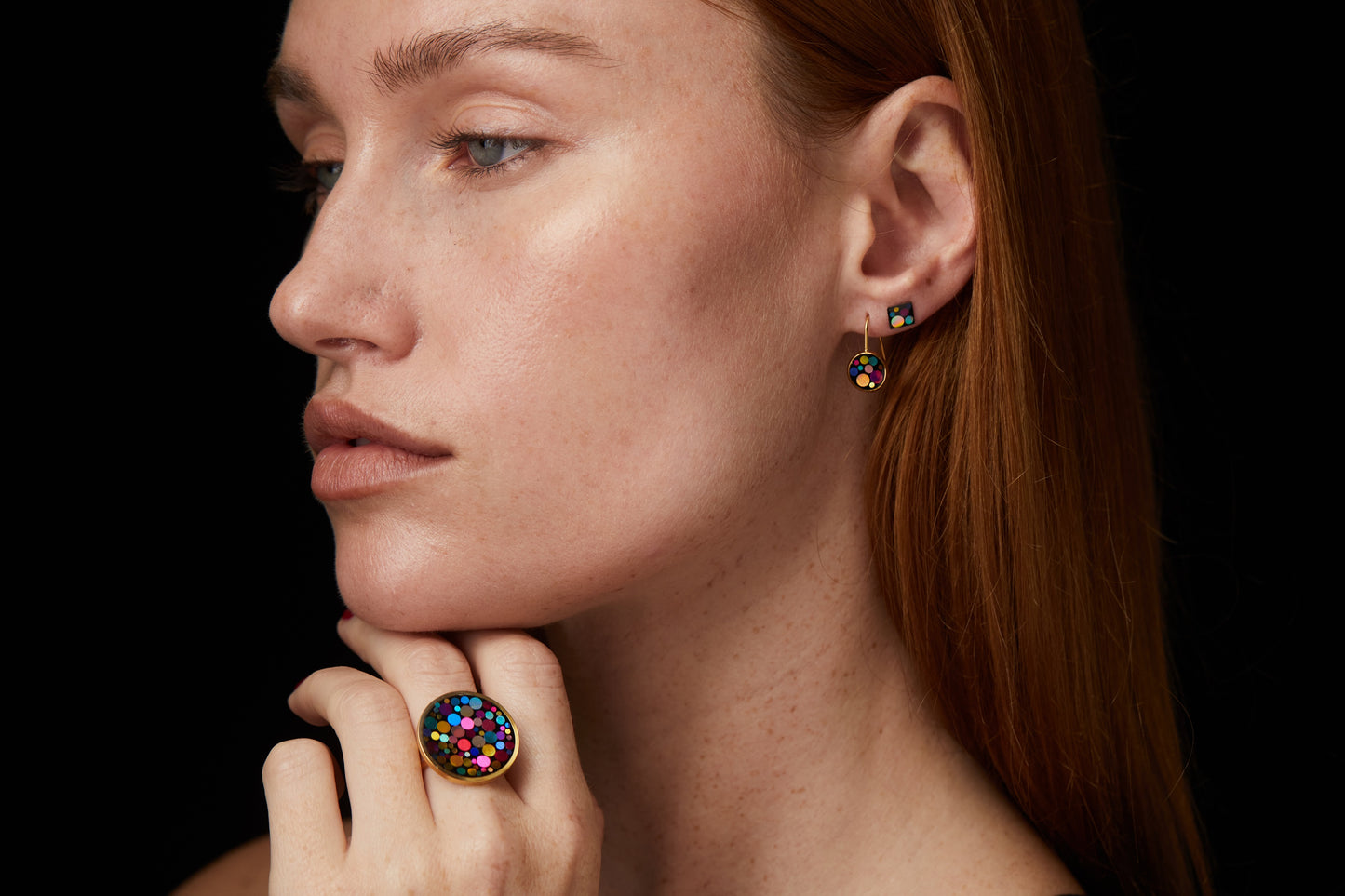 Disco drop earrings with colourful sparkles in black lacquer