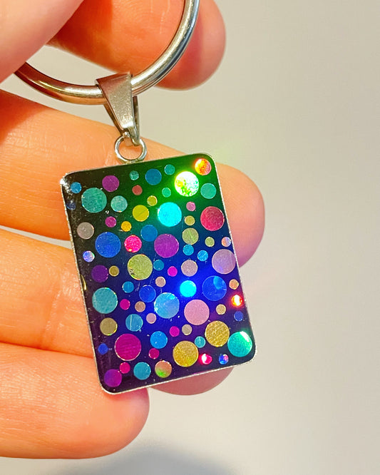 Disco keyring with colourful sparkles in rectangle shape