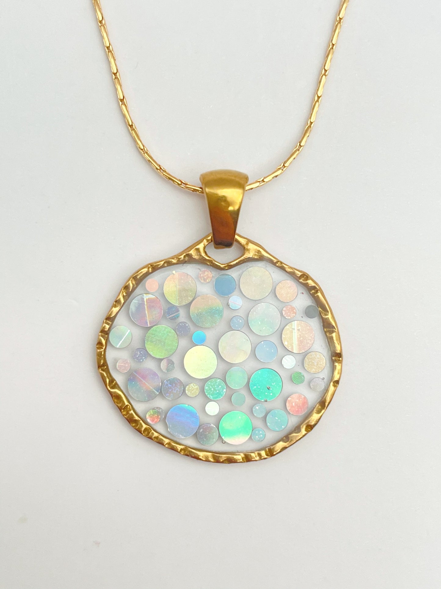 Small disco pendant necklace with  holographic silver sparkles