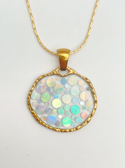 Small disco pendant necklace with  holographic silver sparkles