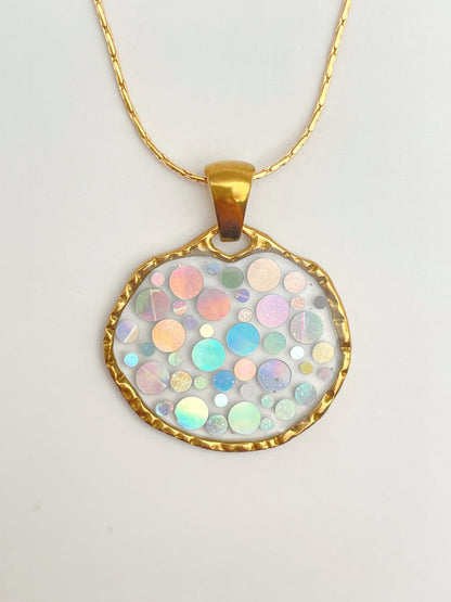 Small disco pendant necklace with  holographic silver sparkles