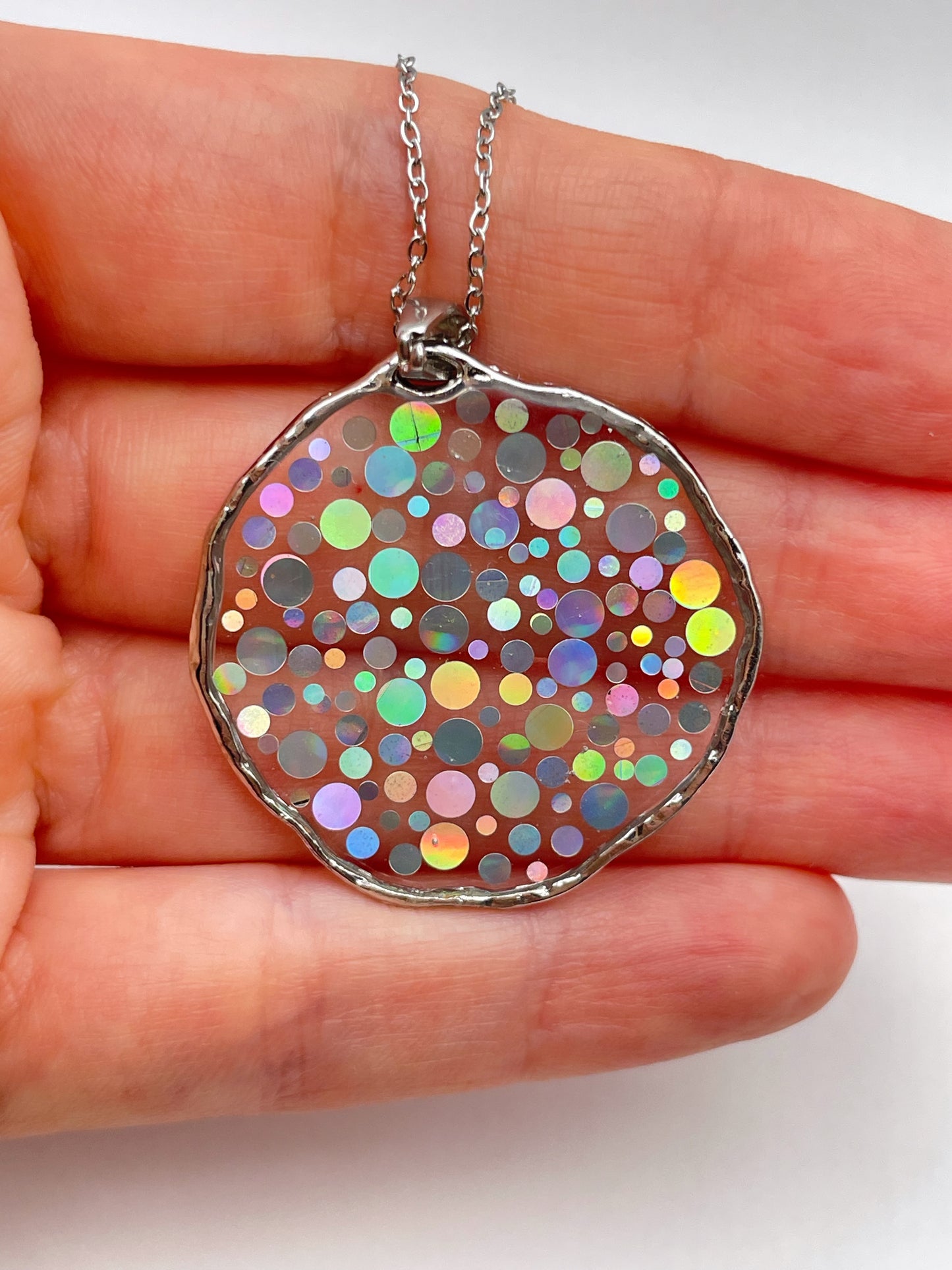 Medium disco necklace with holographic silver sparkles