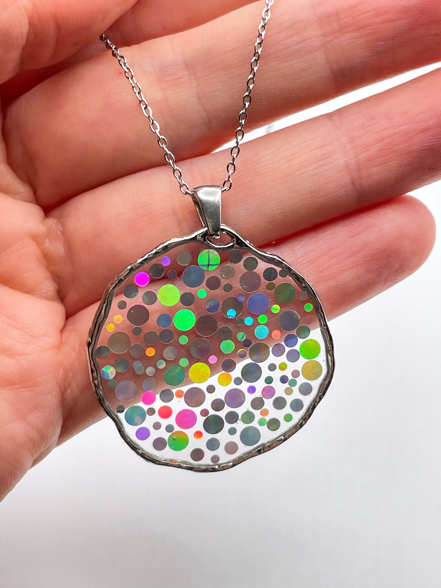 Medium disco necklace with holographic silver sparkles