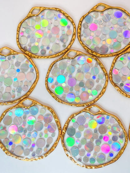 Small disco earrings with holographic silver sparkles