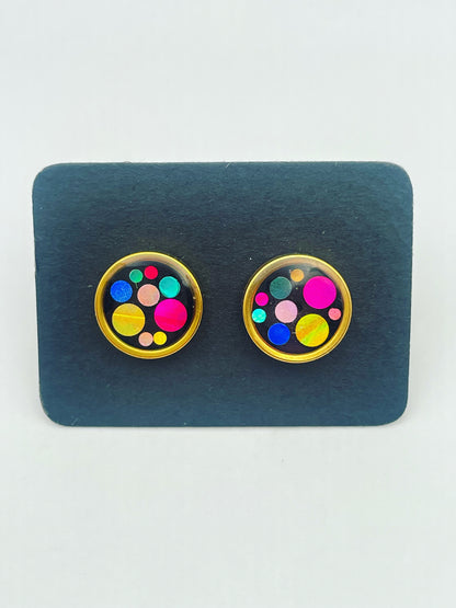 Disco ear studs with colourful sparkles in 6 or 10mm