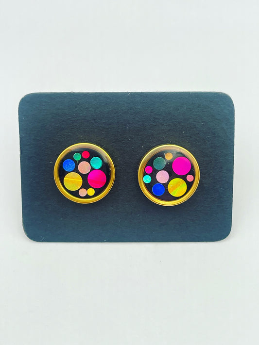 Disco ear studs with colourful sparkles in 6 or 10mm