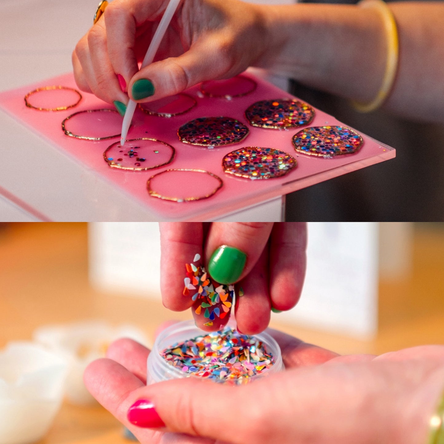 Disco keyring with colourful sparkles in rectangle shape