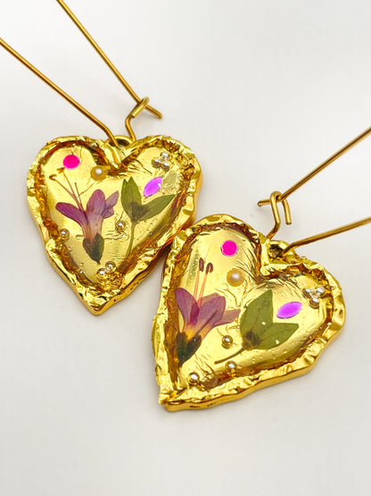 Gold heart earrings with pink flowers