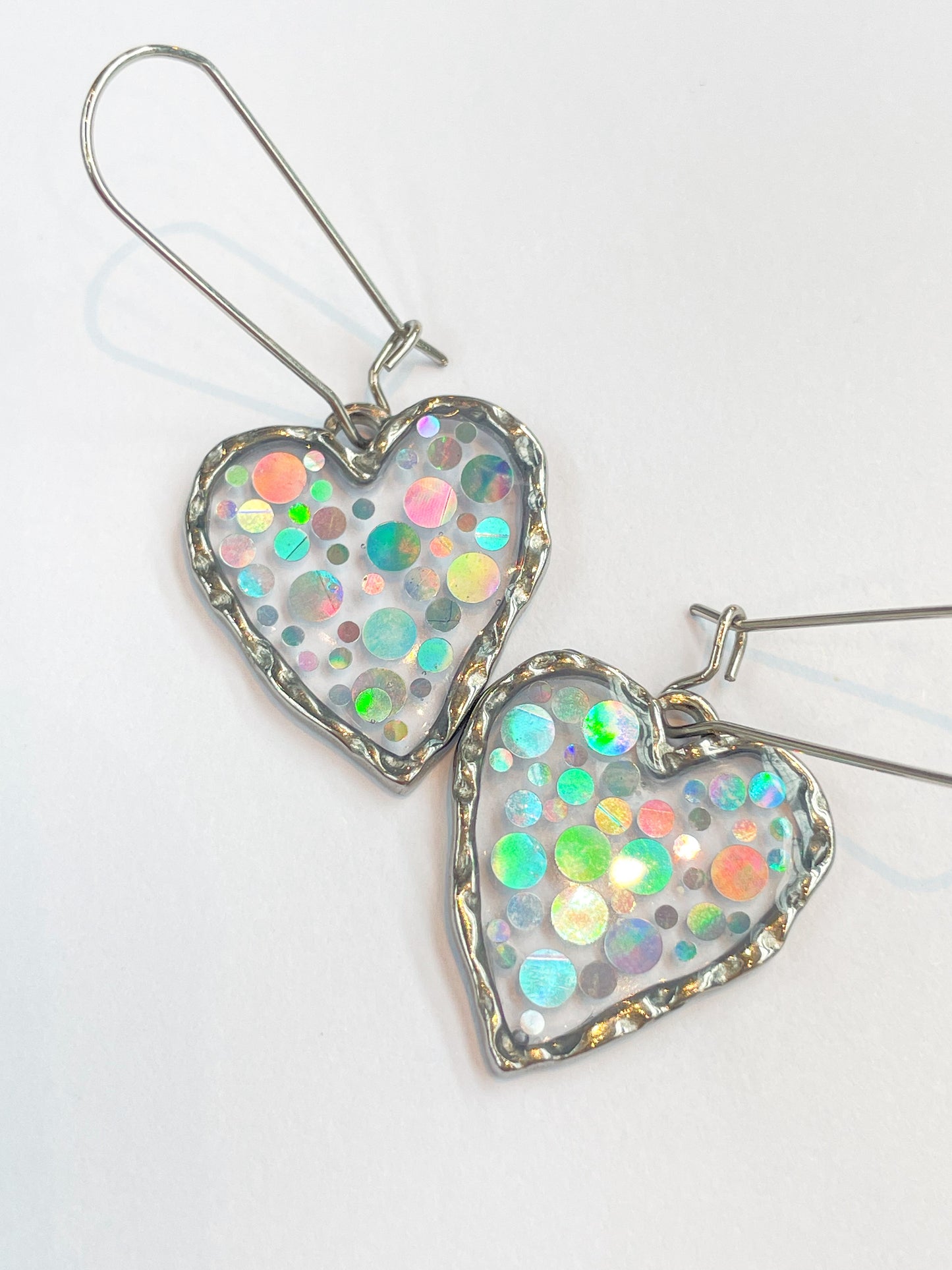 Disco heart earrings with  holographic silver sparkles
