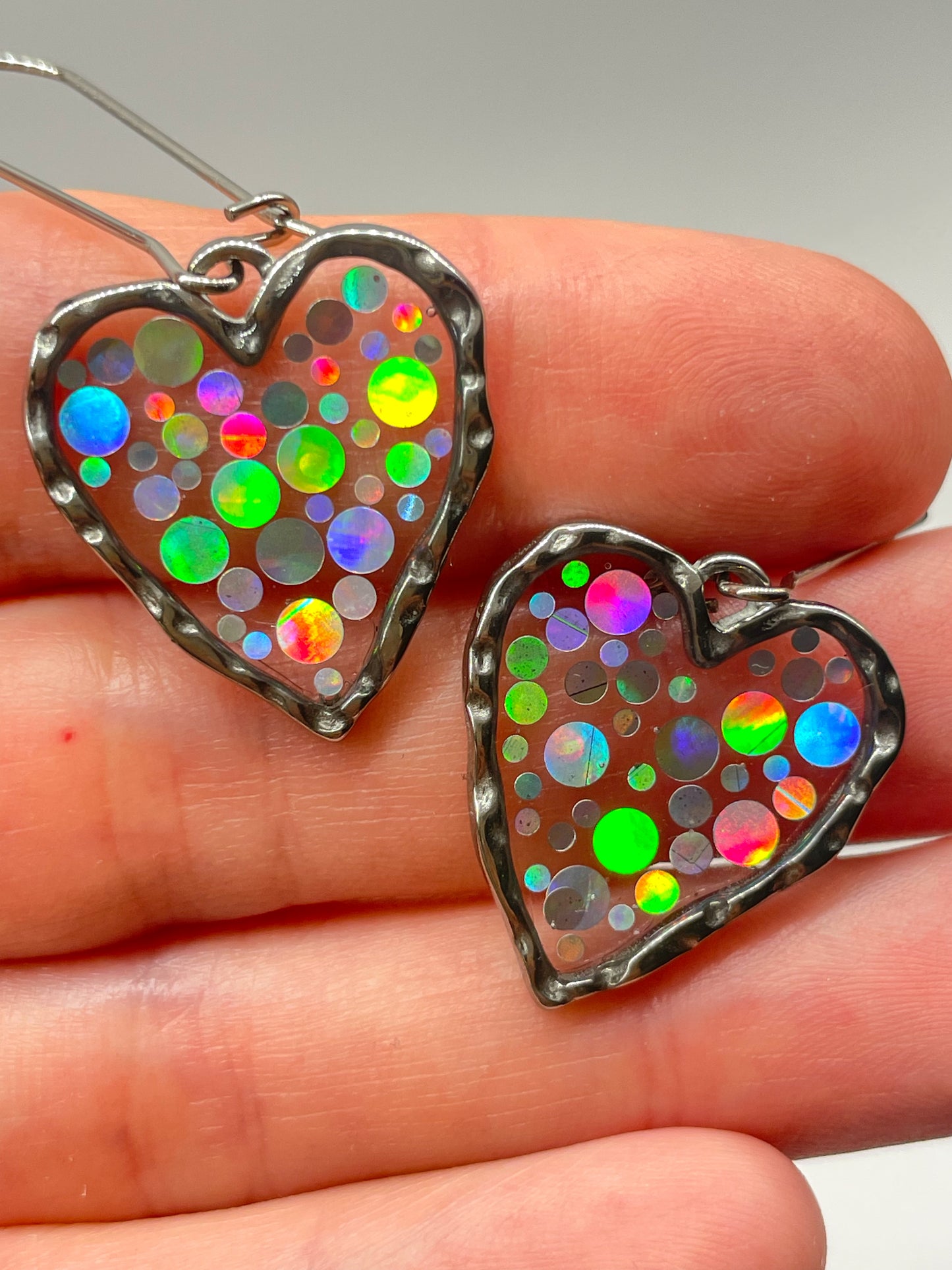 Disco heart earrings with  holographic silver sparkles